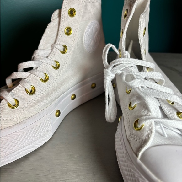 Converse Chuck Taylor Studded Platform White High-Tops with Gold Eyelets - Picture 6 of 10